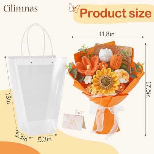 Crochet Flower Bouquet,Orange Knitted Flowers, Handmade Sunflowers Tulips Roses Bouquet for Valentine Day Birthday Anniversary Party Mother's Day Graduation Gifts(with Card) - color: Orange