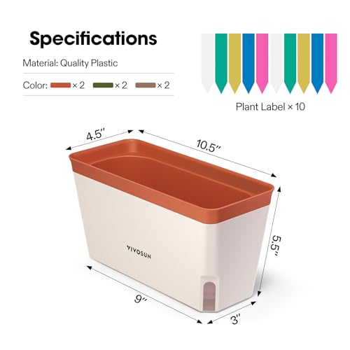VIVOSUN Self-Watering Planters, 6-Pack 10.5 Inch Compact Rectangular Window Herb Planter Box with 10 PCS Plant Labels, Plant Container for Basil, Flowers, Succulents, Indoor & Outdoor - size: 6