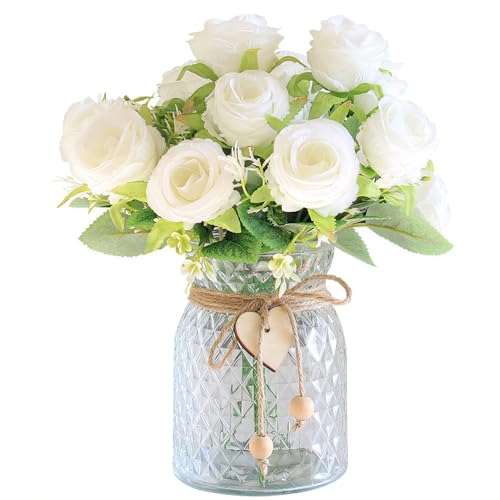 Faux Flowers in Vase, 18 Pcs Fake Rose Flowers, Artificial Flowers for Home Decor, Indoor Centerpiece for Living Room & Dining Table - White - color: White Rose
