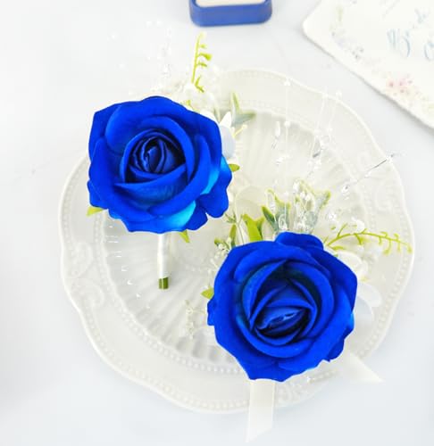 Royal Blue White Corsage and Boutonniere Set for Wedding Prom, Artificial Rose Flower Wrist Corsage Bracelets, Homecoming Corsage Wristlet, Boutonniere for Men Wedding Suit Decorations