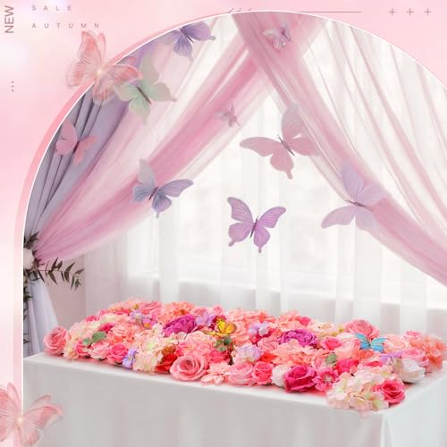 Breling 40 x 14 Inch Artificial Flower Floral Tea Party Table Runner Spring Pink Floral Wonderland Party Decoration Pink Flower Table Centerpiece Afternoon Tea Decor for Spring Bridal Wedding Birthday