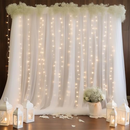 10ft x 8ft White Backdrop Curtains with Lights String for Parties, Sheer Tulle Wedding Photo Backdrops Drapes for Baby Shower Birthday Party Decorations Background for Photography - color: White, size: W5' x H8'(2 panels)