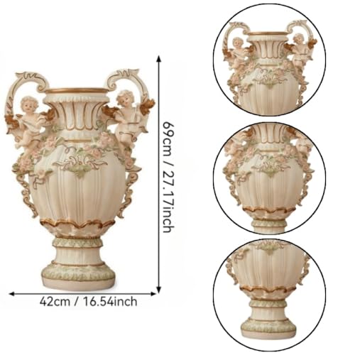 European Style Angel Cherub Floor Vase, Resin, Beige, 28.35" H x 19.70" L x 13.20" W, Baroque Baroque Art Deco for Living Room