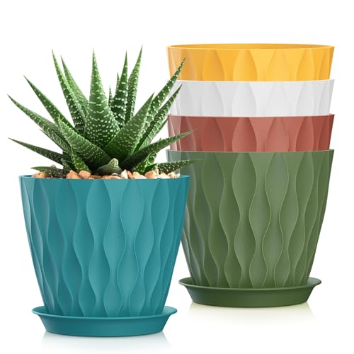 7 Inch Plant Pots 5 Pack, Flower Planters with Drainage Holes and Trays,Plastic Pots for Indoor Outdoor Plants,Multicolor - color: Colorful, size: 7inch 5pc
