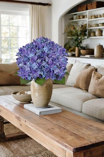 Artificial Hydrangea Flowers Real Touch Faux Hydrangeas Flower 7 Inch Large Hydrangea Heads with Unique Petal Shape, 23.6" Long Blue Hydrangeas Stems for Vase Wedding Home Table Centerpiece Decor - color: Deluge