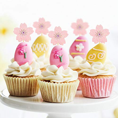 30Pcs Glitter Pink Cherry Cupcake Toppers Cherry Blossoms Pink Flowers Cupcake Picks for Spring Floral Baby Shower Bridal Shower Girls Floral Birthday Wedding Anniversary Party Decorations - color: Pink Cherry