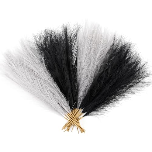 Black and Gray Pampas Grass Decor, 30 Pcs 17" Faux Pampas Grass Short Decor, Pompas Grass Flower Arrangement and Vase Filler for Boho Home Wedding Decoration - color: Black & Gray, size: 17'' Tall