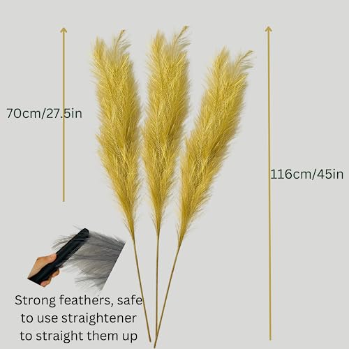RyddeligHome Gold Pampas Grass Decor Living Room Holiday Decor, Home Accent Decor, Gold Feathers Floral Picks, Faux Pampas Grass Tall Large Fluffy, 3 Stems x 115cm/45in