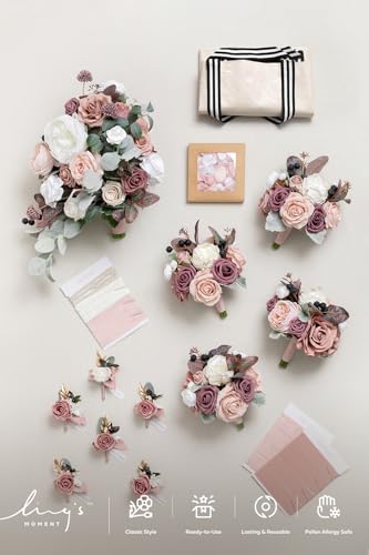 Ling's moment Wedding Artificial Flowers Package, Bridal Bouquet, Bridesmaid Bouquets, Boutonniere for Men, Rose Petals.Dusty Rose Muave - color: Pk-dusty Rose Muave