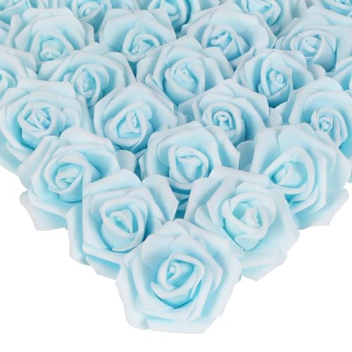 IPOPU Artificial Rose Flower Heads, 100pcs Light Blue Foam Fake Roses Bulk 3in Stemless Flowers for DIY Wedding Baby Shower Centerpieces Arrangements Party Tables Home Decorations (Light Blue) - color: Light Blue