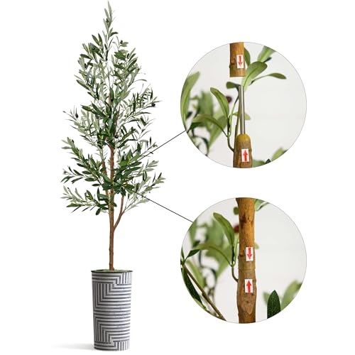 Artificial Tree in Modern Geometric Pattern Planter, Fake Olive Silk Tree for Indoor and Outdoor Home Decoration - 68" Overall Tall (Plant Pot Plus Tree) - style: Olive Tree