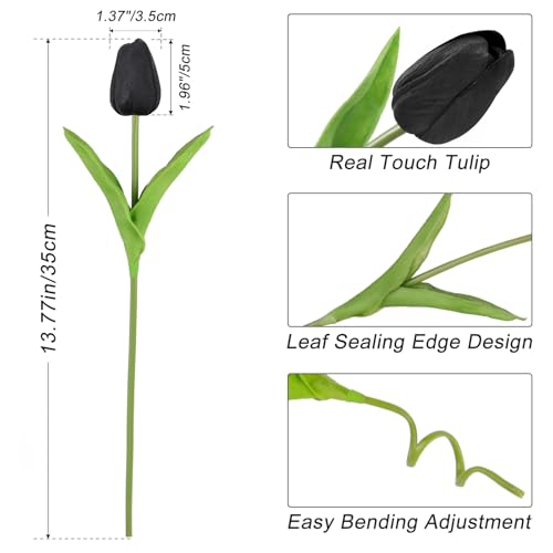 Beferr Black Tulips Artificial Flowers 18pcs Faux Tulip Real Touch Fake Flowers Bouquets for Halloween Easter Gifts Home Party Wedding Table Decorations - color: O-18pcs-1colors-black, size: 18PCS
