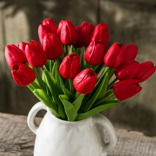 Tanvecle 20pcs Red Artificial Tulip Flowers, Silk Fake Flowers 13" for Mother's Day, Easter, Valentine’s Day Gifts in Bulk, Home, Kitchen, Wedding Decorations - color: Red