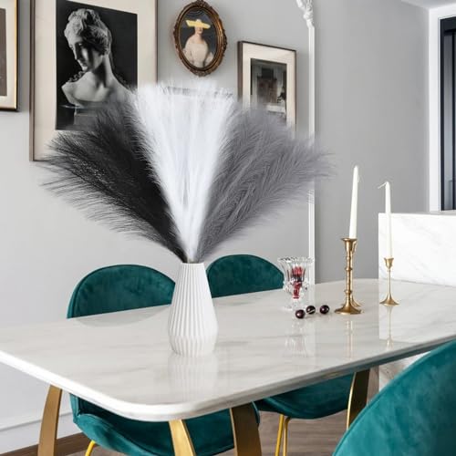 Ureymx Faux Pampas Grass Decor 17.7 Inch 6pcs, Artificial Pampas Grass Fluffy Home Decor, Short Vase Room Decor pompous Grass Flower Arrangement for Boho Home Wedding Decoration (Black,White,Grey) - color: Black,white,grey, size: 17 Inch 6 Pcs