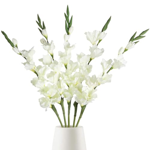 White Gladiolus Artificial Flowers 33.07 in Long Artificial Flowers Gladiolus Flowers 5 PCS Silk Gladiolus Flowers Fake Flowers Faux Gladiolus for Home Wedding Garden Arrangement Decor(White) - color: White