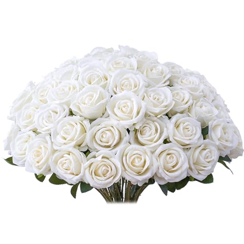 30 PCS Fake White Roses, Artificial White Flowers Bulk Realistic Silk Faux Roses with Stems for Wedding Decorations Table Centerpieces Bridal Bouquet DIY Floral Arrangement Event Party Home Decor - color: White, size: 30 Pcs