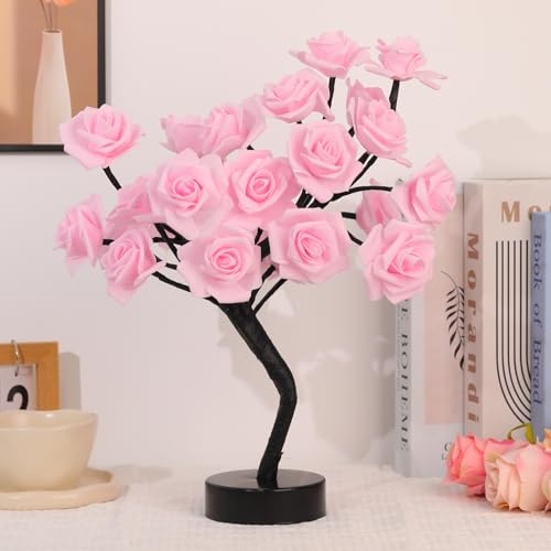 Drawelry Rose Flower Tree Lamp - LED Rose Tree Table Lamp USB/Battery Powered Artificial Bonsai Flower Night Light for Bedroom Living Room Party Wedding Birthday Decor (Pink) - color: Pink