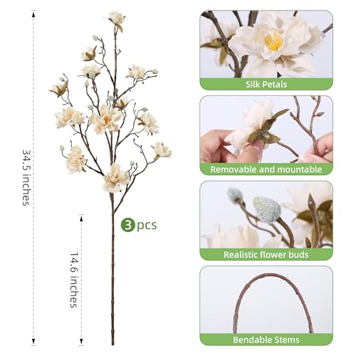 HyeFlora 3PCS Artificial Magnolia Flowers Stems for Spring Decoration, Faux Champagne Magnolia Branches with Buds, 34.5" Long Stems Floral Arrangement for Vase Pot Table Centerpiece Indoor Decor - color: Champagne