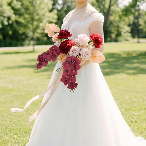 6 Pcs Burgundy Artificial Orchids Silk Flowers 30" Fake Tall Orchid Realistic Faux Phalaenopsis Flower Stems for Restaurant Hotel Wedding Party Home Decoration (Burgundy) - color: Burgundy
