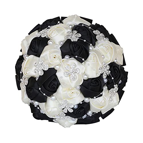 Sharebeauty 7.1 Inch Handmade Satin Rose Bridal Bouquet Toss Round Wedding Bouquet Throw Toss Artificial Flower Bunch Ivory + Black - color: W224 Ivory/Black, size: 7.1"/18cm