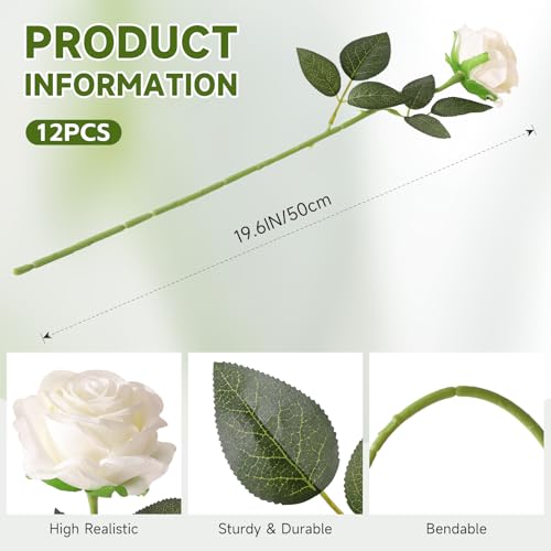 Tifuly White Roses Artificial Flowers -12 pcs Realistic Single Long Stem Fake Silk Roses Bouquet for Party Home Wedding Centerpiece Office DIY Decor（Off White） - color: White