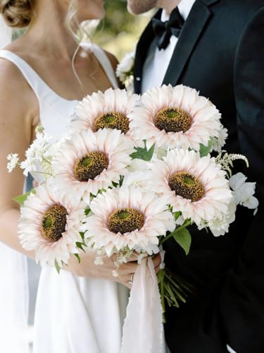12Pcs 25.6" Artificial Sunflowers Long Stem Artificial Flowers for Tall Vase 5.9" White Fake Sunflowers Bouquet Spring Summer Flower Arrangements for Table Centerpieces Home Wedding Party Decor