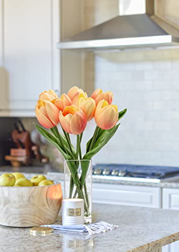 Briful Fake Flowers Artificial Tulip Flower Peach in Clear Vase, Real Touch Foam Tulip Arrangement Suitable for Home Office Decoration, Dining Table Centerpiece - color: Peach