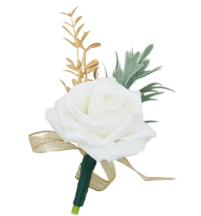 Ivory Rose Wrist Corsage Wristlet Band Bracelet and Men Boutonniere Set with Dark Green Ribbin for White Wedding Flower Accessories Prom Suit Decorations