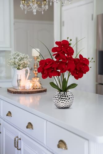 Briful Orchid Artificial Flowers 20'' Red Faux Orchid Flowers with Silver Vase Fake Phalaenopsis Silk Flowers for Home Office Dinning Room Kitchen Table Centerpiece Decor - color: Red