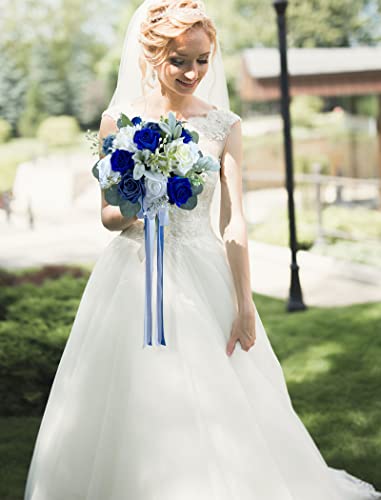 CherishedMoments Bridal Wedding Bouquet, 13.5 Inch Navy Blue Artificial Flowers Bridal Cascading Bouquets,Seaside Beach Wedding Bouquets for Wedding Ceremony and Anniversary - color: Navy Blue