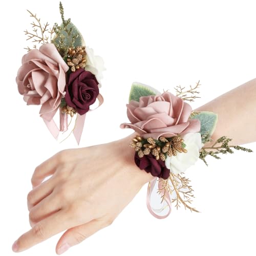 Blush Pink Corsage and Boutonniere Set for Wedding Prom Bride Groom Homecoming Rose Wristlet Band Bracelet Men Boutonniere Set Red Corsage Wristband Boutonniere for Wedding Suit Decorations - color: Pink