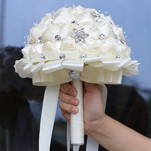 Wedding Bouquets for Bride Handmade Bridesmaid Brooch Bouquet Artificial Rhinestone Satin Rose Flower Tossing Bouquet for Wedding Ceremony Anniversary(Ivory,21cm) - color: Ivory, size: 8.3 inches