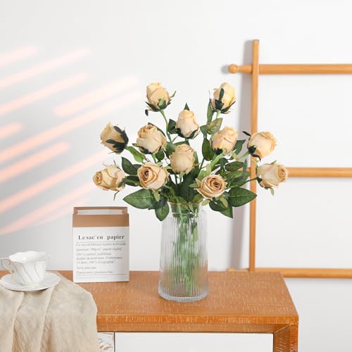 12Pcs Realistic Fake Champagne Roses Faux Flowers with Long Stems, Artificial Silk Rose Flowers for Valentines Day Home Wedding Decor Bridal Bouquet - color: Champaign