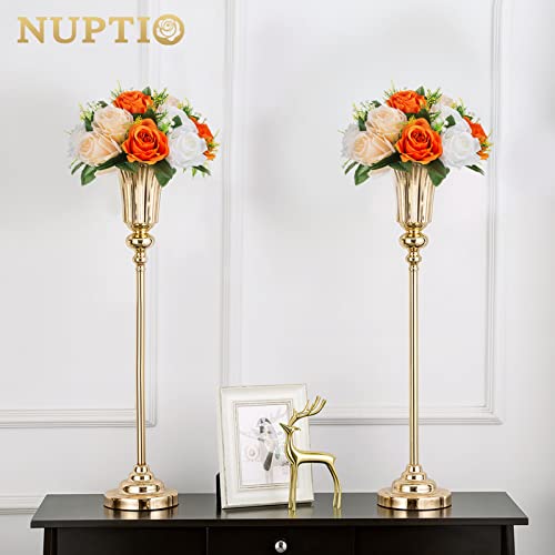 NUPTIO Flower Balls for Wedding Centerpieces: 9.5 Inch Diameter Orange Artificial Flower Ball Arrangement Bouquet Fall Party Table Decor - Fake Rose Autumn Weddings 2 Pcs - color: Orange & White, size: 2 Pcs