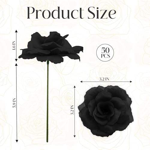 50 Pcs Rose Flower Head, Artificial Flowers Bulk for DIY Crafts, 3in Fake Rose Silk Flower Head wit Stem, Faux Flowers for Decoration, Wedding Home Party Decor Garland Decor (50, Black) - color: Black