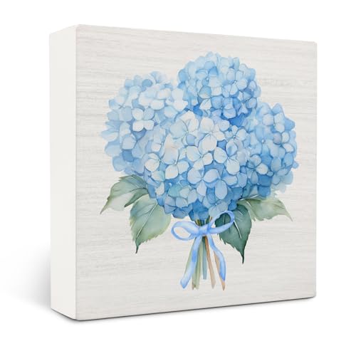 Blue Hydrangea Bow Wooden Signs,Blue Bow Spring Flowers Bouquet Wooden Box Sign,Watercolor Hydrangea Floral Decor For Home Desk Tabletop Shelf Decoration 5x5 Inches - color: Hydrangea Bow