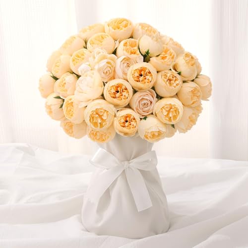 24 PCS Ranunculus Artificial Flowers, Faux Mini Ranunculus Bulk | Realistic Silk Ranunculus Bouquet for DIY Bouquets, Bridal Shower Decorations, Centerpieces, Arrangements, Champagne - color: Champagne