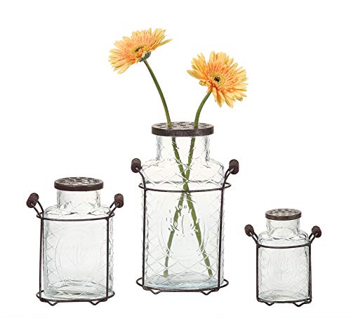 Creative Co-Op Glass vase in Metal Stand with Metal Frog Lid - size: Large