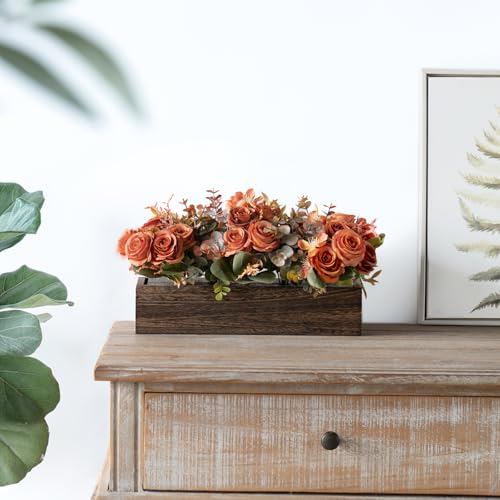 Dahey Centerpiece Table Decorations for Dining Room Farmhouse Living Room Fall Table Centerpieces Decor Wood Tray with 3 Artificial Flowers and 2 Eucalyptus for Kitchen Table, Orange - color: Orange