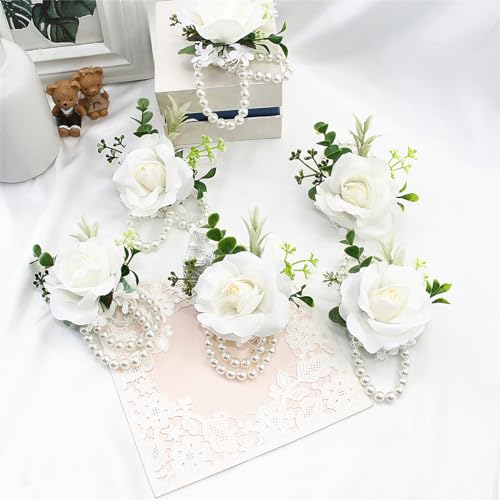 White Ivory Rose Wrist Corsage Boutonniere for Men Wedding Wrist Flower Corsage Hand Flower for Bride Bridesmaid Prom Decor Paty Girl - color: 3 Boutonnieres & 3 Wrist Corsages White