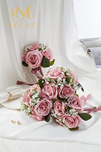 Bridesmaid Bouquets - Set of 4, 6.5 Inch Small Bridesmaid Bouquet Set - Artificial Rose Wedding Flowers - Floral Centerpieces - color: 18020-bean-paste-purple-4pcs