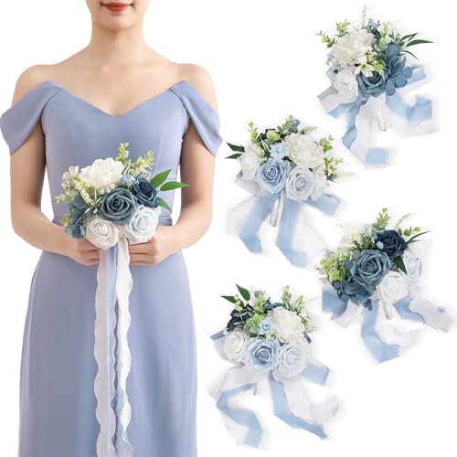 TINGE TIME 7 Inch Artificial Flowers Wedding Bouquets for Bridesmaid, Set of 4, Dusty Blue Bride Tossing Bouquet for Rustic Wedding Ceremony Bridal Shower Rehearsal Dinner Vintage Party - color: Dusty Blue & White
