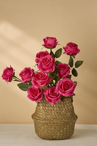 Laelfe 12 PCS Artificial Flowers Hot Pink Roses Silk Flowers Fake Long Stem Artificial Fuchsia Roses for Home Wedding Bathroom Kitchen Decorations (Hot Pink) - color: Hotpink