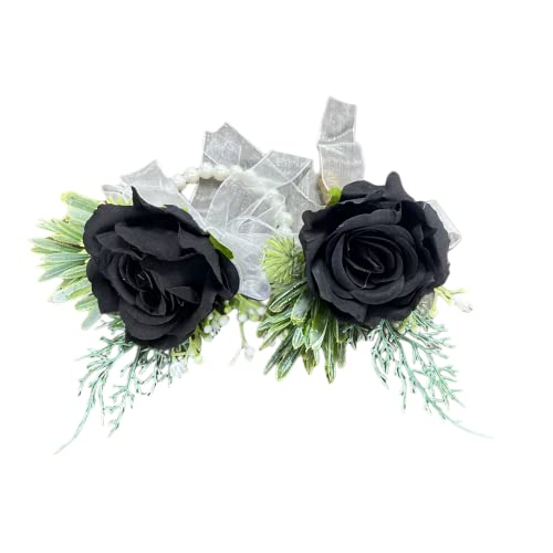 Rikyo Rose Wrist Corsage Wristlet Band Bracelet and Men Boutonniere Set, 2 Pack, Corsage for Prom, Bride Hand Flower Flowers Ceremony, Wedding Party Prom Decor, DIY Petals Hair Hat Wreath (Black) - color: Black