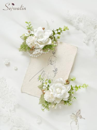 Serwalin 2 Pcs Wrist Corsage and Boutonniere Set, 6-7 Inch Ivory White Corsage for Wedding, Boutonniere for Men Corsage Wristlet Prom Ceremony Anniversary Accessories Suit - color: Ivory White, size: 1 Boutonniere & 1 Wrist Corsage-2pcs