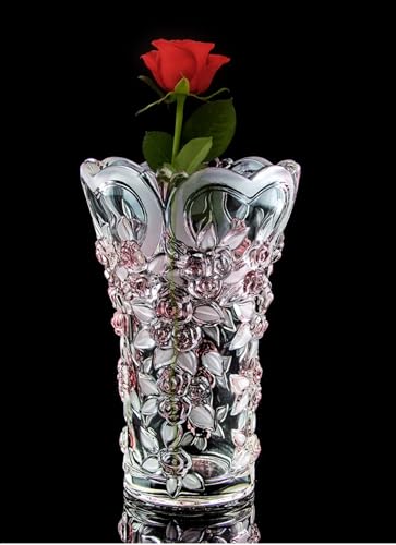 Large Crystal Glass Pink Vase 11.8" Tall, Unique Design -Pink Plum Blossoms Vase. Modern Vases for Living Room, Bedroom, Kitchen, Dining Table, Mantle, Wedding,