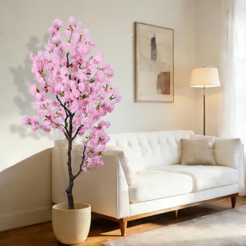 BINCUE Artificial Pink Cherry Blossom Tree Fake Tree Cherry Blossom Decor Fake Flowers Faux Flowering Tree Pink Flowers Floral for Indoor Outdoor Room Home Decor Spring Gift 7FT - color: Pink-10ap