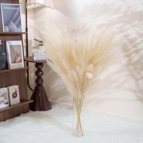 Premium Faux Beige Pampas Grass Decor – Cream Pampa 43.3″ 8pcsTall Fluffy Feather Flowers, No Assembly 18-Branch One-Piece Stems for Floor Vase, Boho Wedding & Neutral Home Decor (8pcs 110cm) - color: Faux Beige, size: 8pcs 43.3"(110cm)