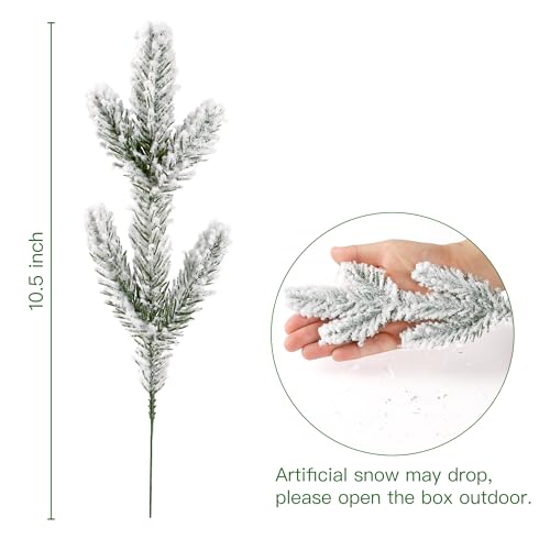 Sggvecsy 15 Pcs Snow Frosted Artificial Pine Branches Christmas Snowy Pine Needles Fake Greenery Pine Spray Picks for DIY Crafts Garland Wreath Xmas Embellishing Home Holiday Decoration