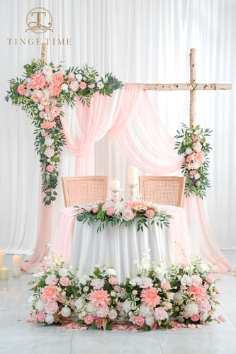 TINGE TIME Wedding Arch Flowers Kit - Deluxe 5pcs Artificial Floral Swag with 3 Sheer Drapes, Realistic Silk Flower Arrangements for Wedding Ceremony Arbor Backdrop Reception Party Home Decor - color: Peach Pink & White